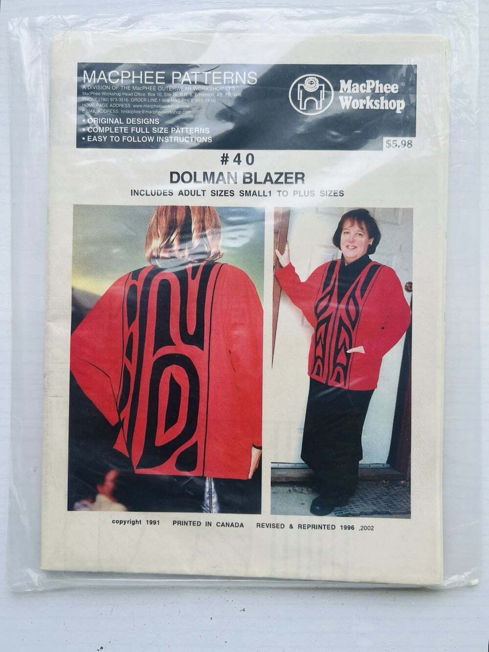 Vintage MacPhee Workshop #40 Dolman Blazer Sewing Pattern S Plus Size 1991